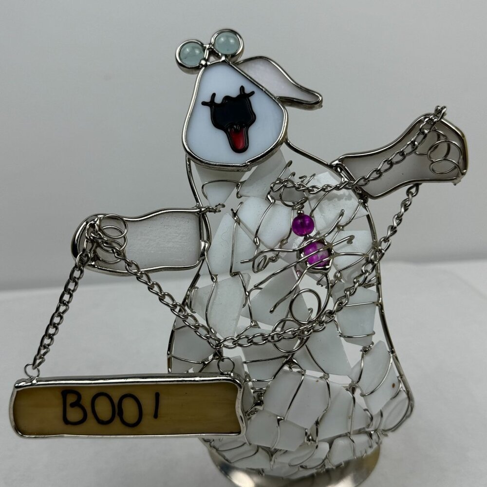 Vintage Halloween Stained Glass Ghost Candle Holder Boo Sign Chains 8.5"